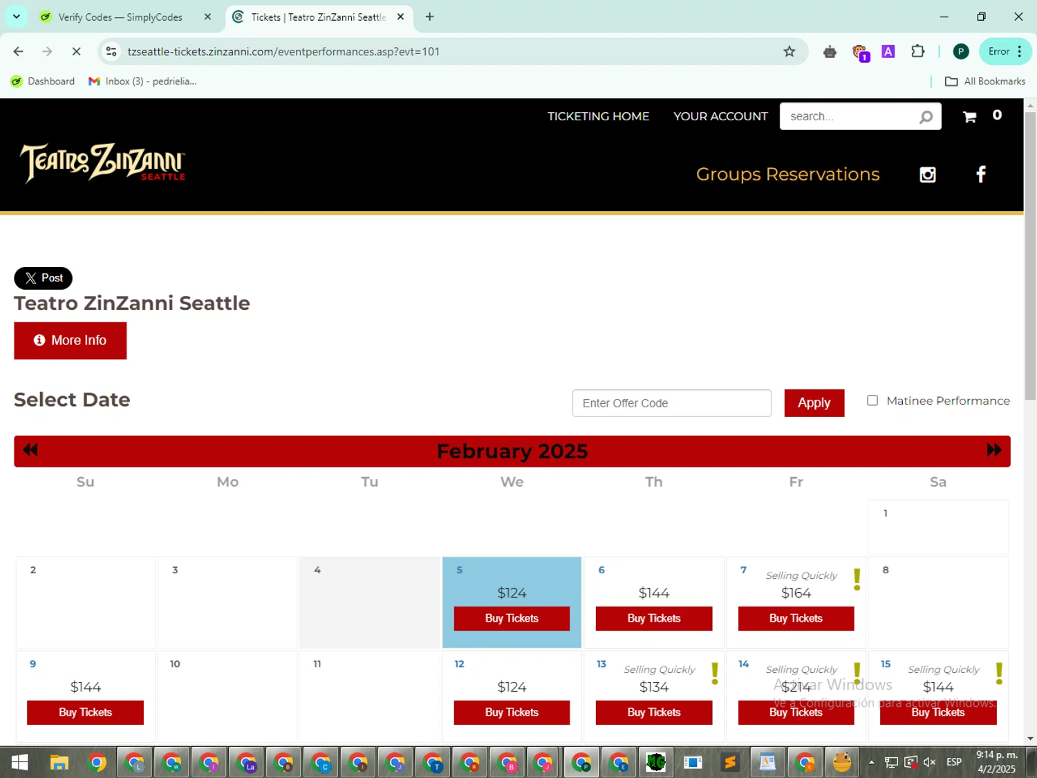Teatro ZinZanni checkout page showing Teatro ZinZanni discount code box | Screenshot taken by SimplyCodes community member on Feb 5, 2025