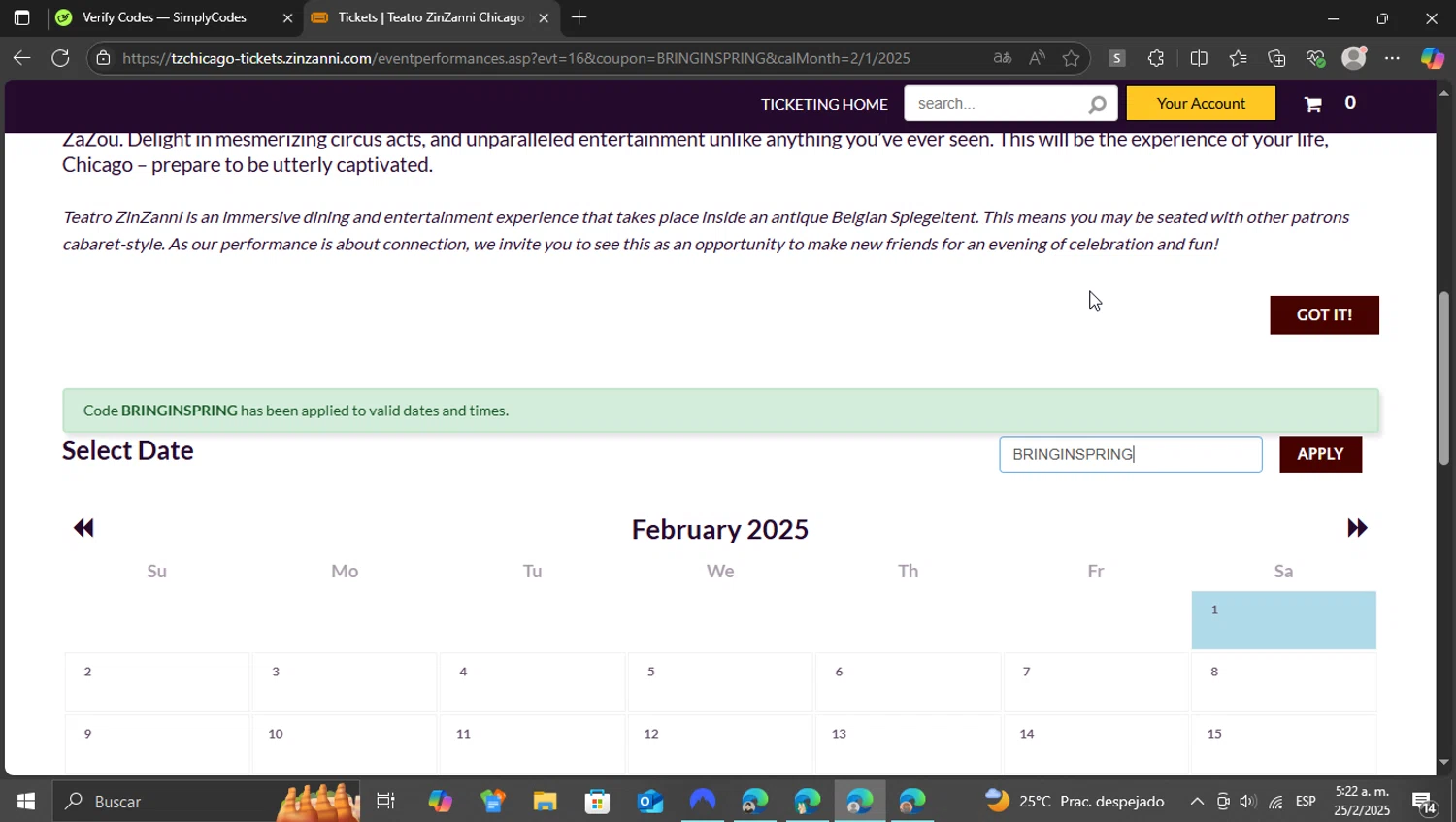 Teatro ZinZanni checkout page showing Teatro ZinZanni discount code box | Screenshot taken by SimplyCodes community member on Feb 25, 2025