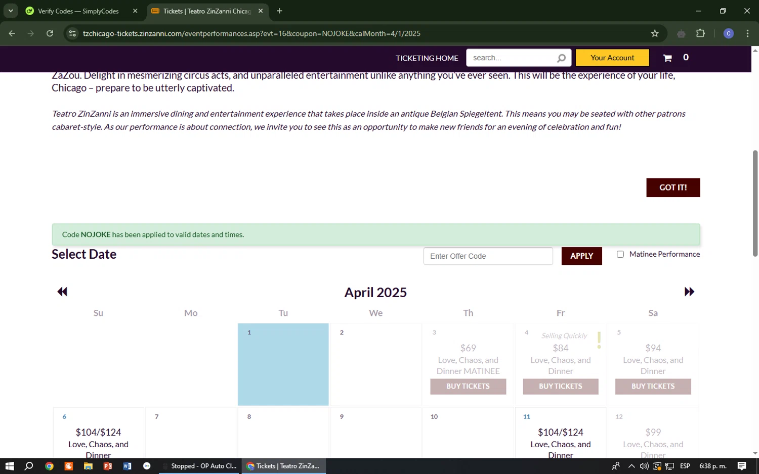 Teatro ZinZanni checkout page showing Teatro ZinZanni discount code box | Screenshot taken by SimplyCodes community member on Apr 1, 2025