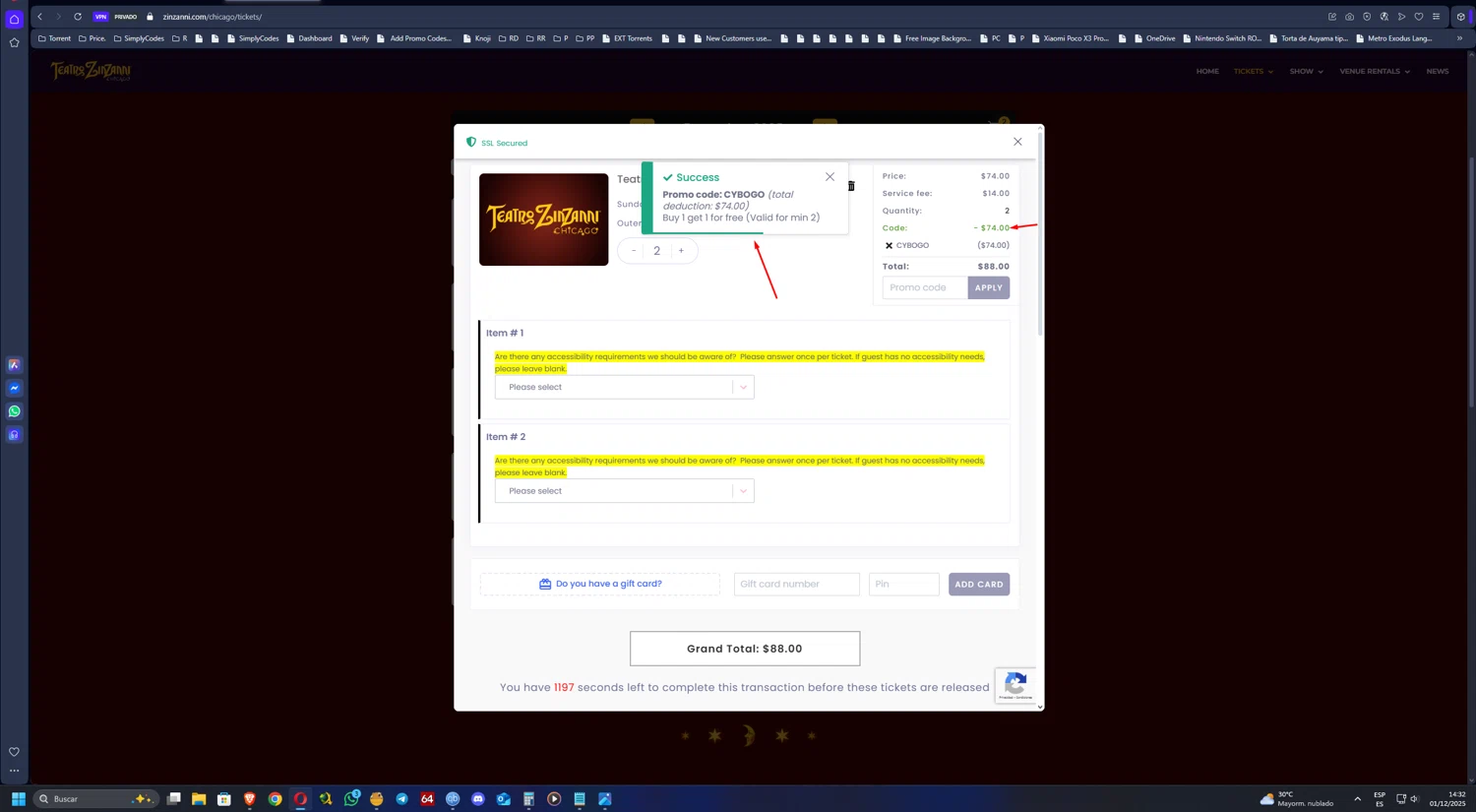 Teatro ZinZanni discount code screenshot showing code CYBOGO applied at Teatro ZinZanni checkout page. Uploaded by SimplyCodes community member UnkNownVnzla on Dec 1, 2025