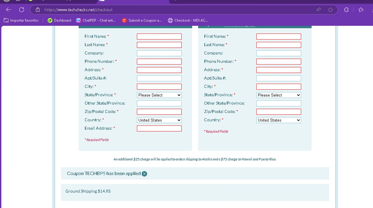 Tech Checks coupon code screenshot showing code TECHBP5 applied at Tech Checks checkout page. Uploaded by SimplyCodes community member FredoGodofredo on Apr 23, 2025