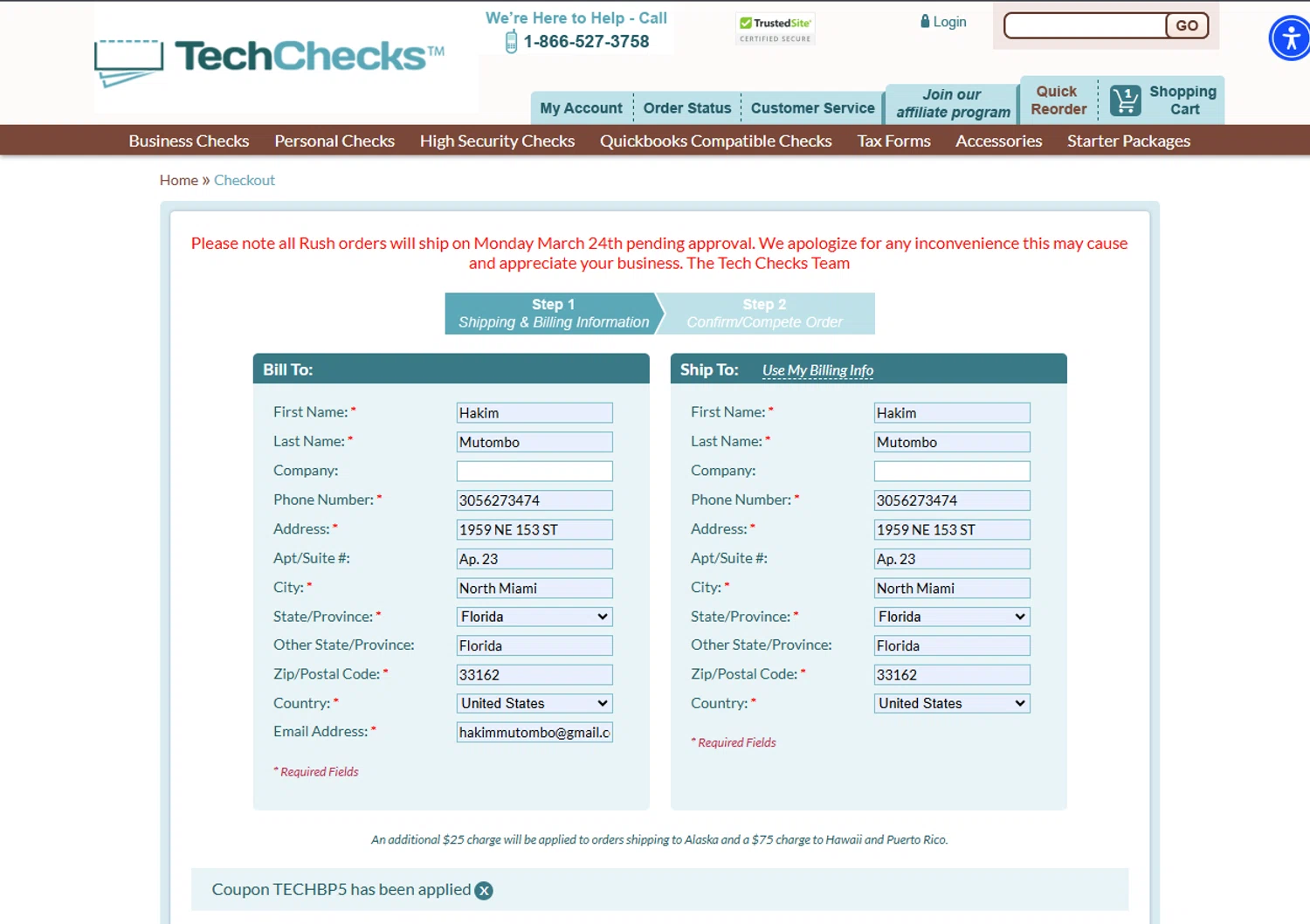 Tech Checks coupon code screenshot showing code TECHBP5 applied at Tech Checks checkout page. Uploaded by SimplyCodes community member TokenNavigator6891 on Mar 24, 2025