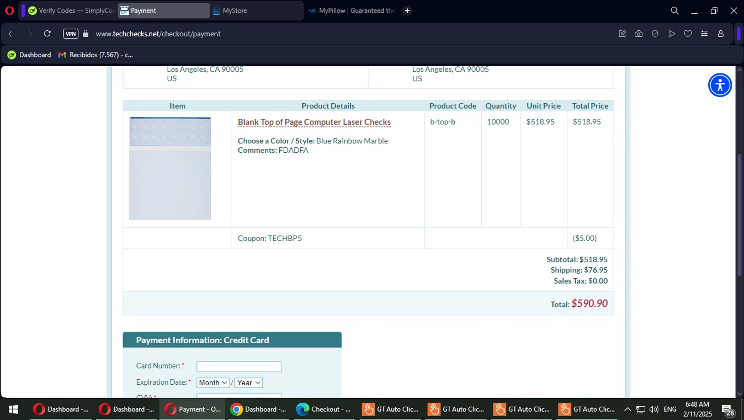 Tech Checks coupon code screenshot showing code TECHBP5 applied at Tech Checks checkout page. Uploaded by SimplyCodes community member Typhlosion on Feb 11, 2025