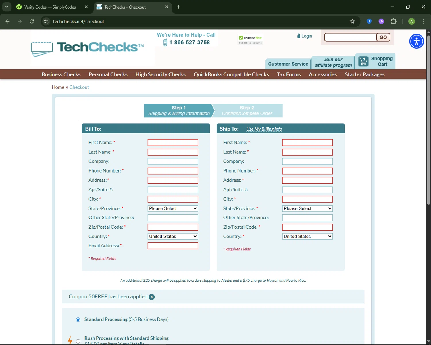 Tech Checks coupon code screenshot showing code 50FREE applied at Tech Checks checkout page. Uploaded by SimplyCodes community member MagnificentSaver708 on Nov 5, 2025