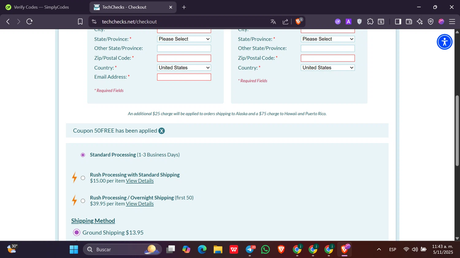Tech Checks checkout page showing Tech Checks coupon code box | Screenshot taken by SimplyCodes community member on Nov 5, 2025