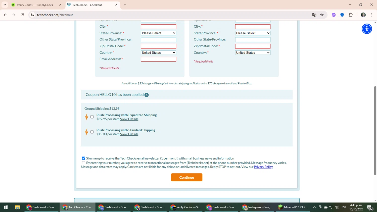 Tech Checks coupon code screenshot showing code HELLO10 applied at Tech Checks checkout page. Uploaded by SimplyCodes community member CleverLynx6871 on Oct 10, 2025