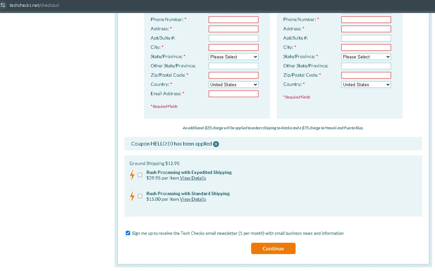 Tech Checks coupon code screenshot showing code HELLO10 applied at Tech Checks checkout page. Uploaded by SimplyCodes community member TokenBoss6713 on Jun 16, 2025