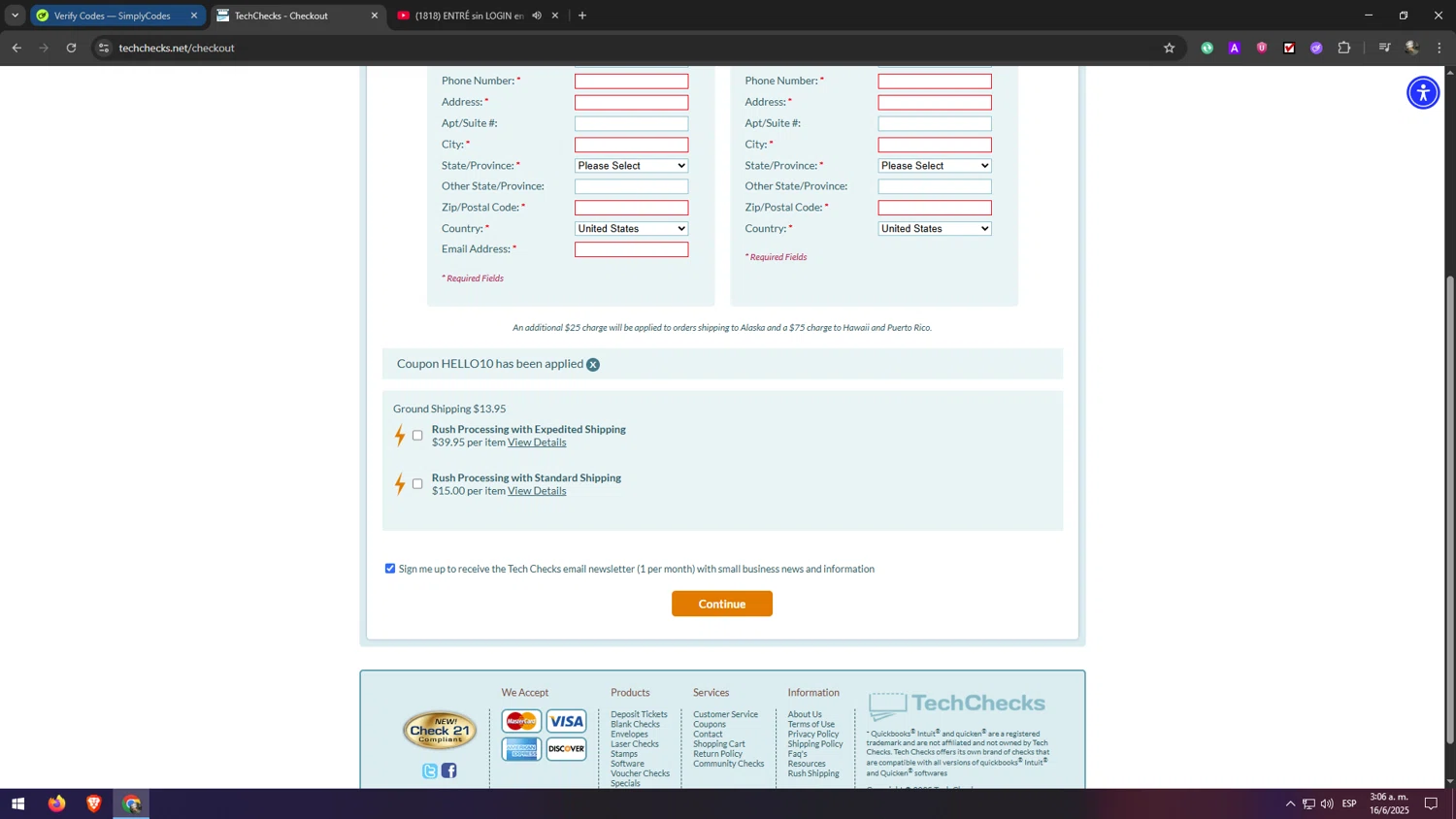 Tech Checks coupon code screenshot showing code HELLO10 applied at Tech Checks checkout page. Uploaded by SimplyCodes community member eliaskao on Jun 16, 2025
