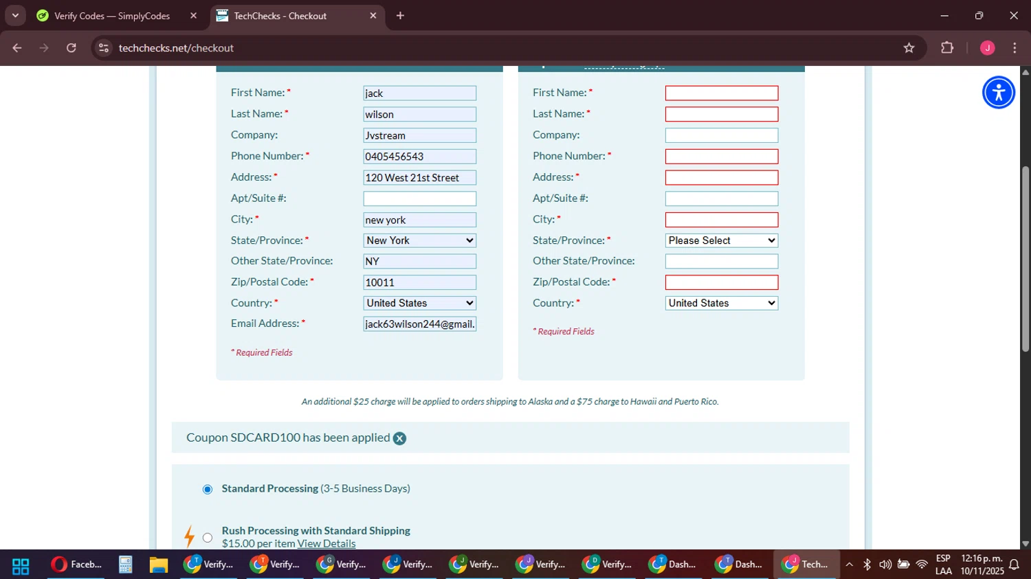 Tech Checks coupon code screenshot showing code SDCARD100 applied at Tech Checks checkout page. Uploaded by SimplyCodes community member JackWilson63 on Nov 10, 2025