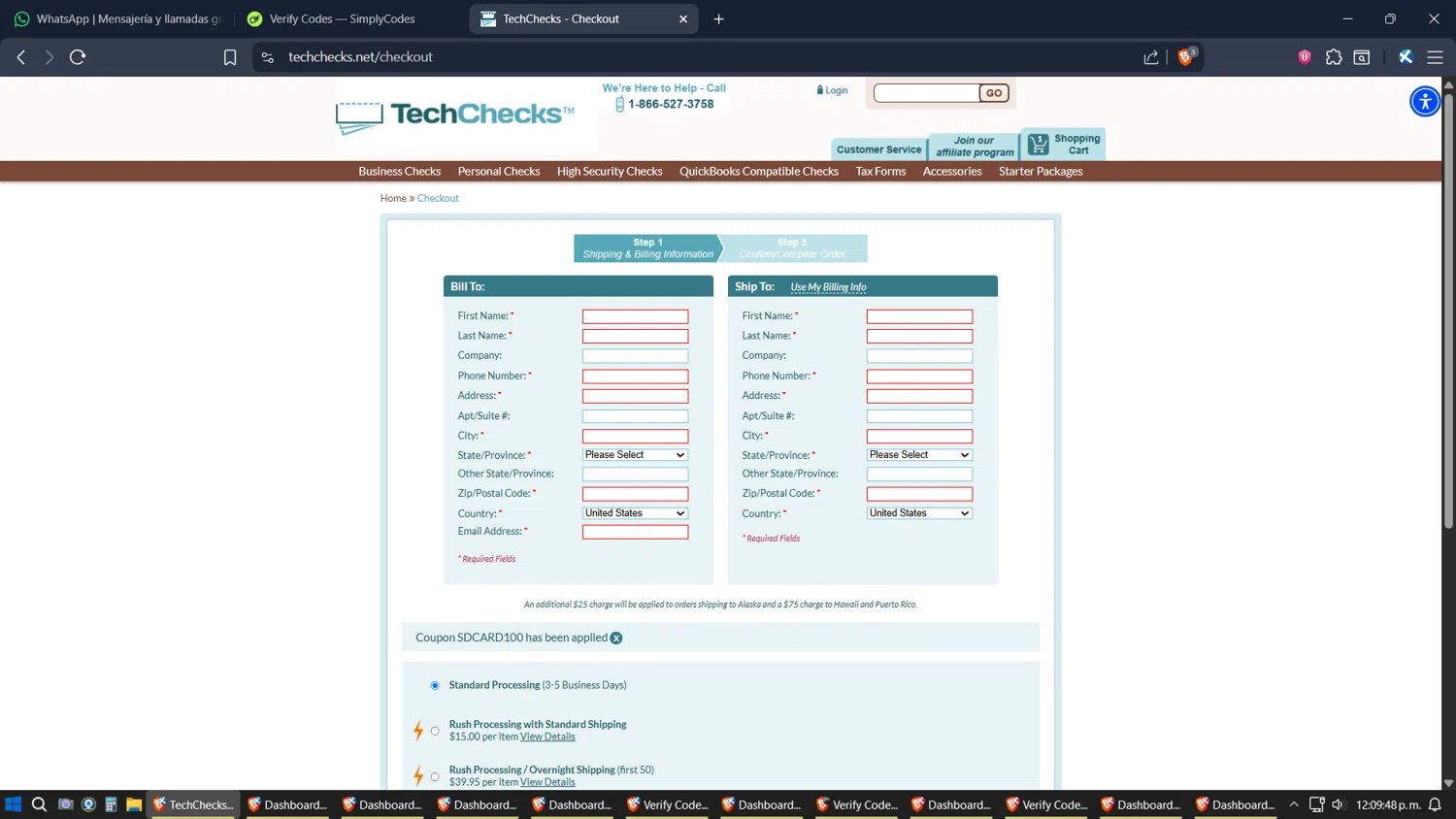 Tech Checks coupon code screenshot showing code SDCARD100 applied at Tech Checks checkout page. Uploaded by SimplyCodes community member SimplyGOAT on Nov 10, 2025