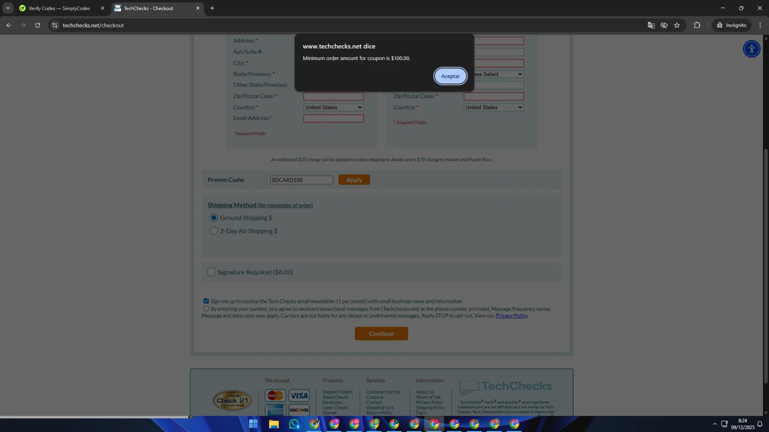 Tech Checks coupon code screenshot showing code SDCARD100 applied at Tech Checks checkout page. Uploaded by SimplyCodes community member TOROREX250 on Dec 9, 2025