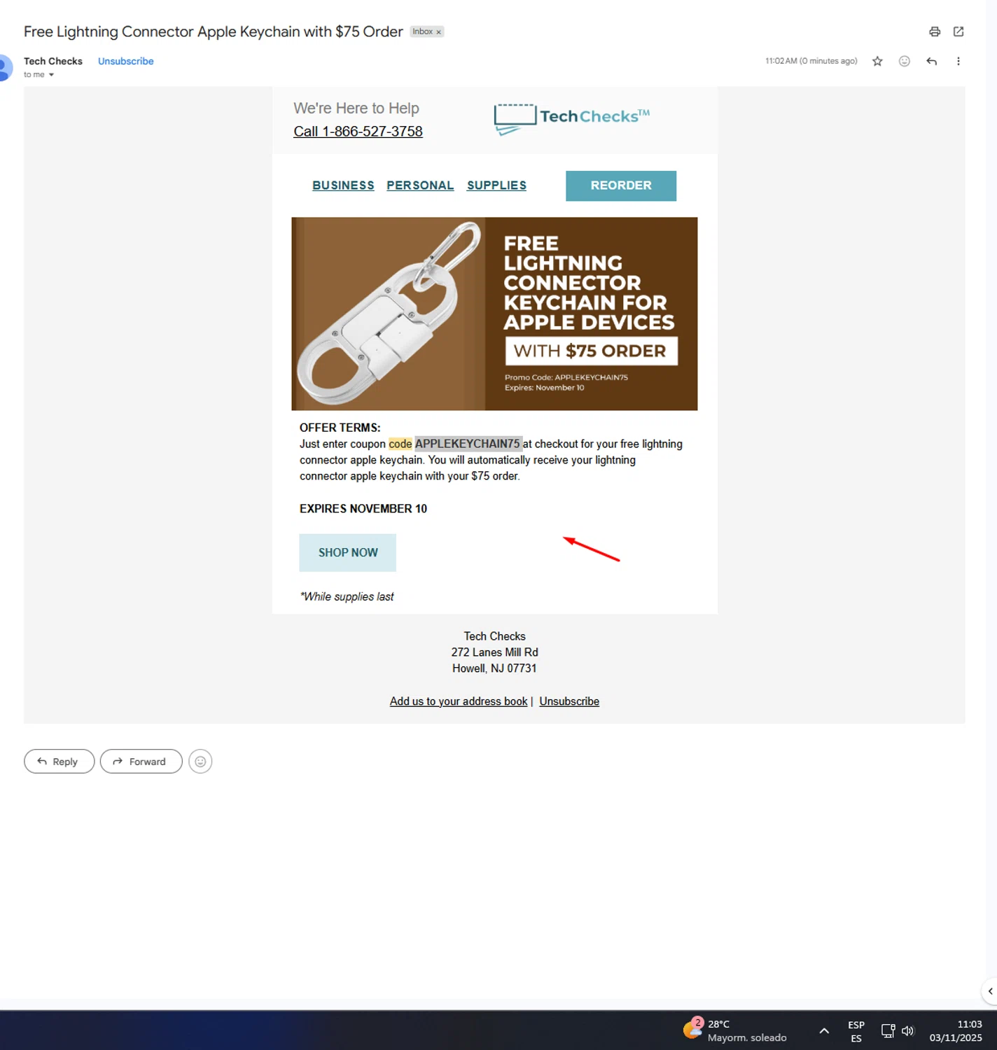 Tech Checks coupon code screenshot showing code APPLEKEYCHAIN75 applied at Tech Checks checkout page. Uploaded by SimplyCodes community member UnkNownVnzla on Nov 3, 2025