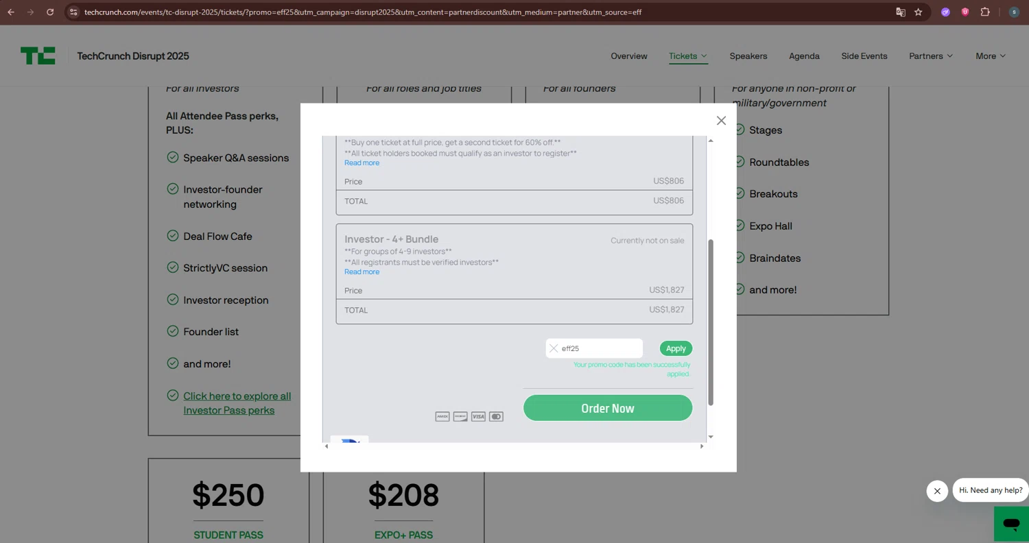 TechCrunch promo code screenshot showing code eff25 applied at TechCrunch checkout page. Uploaded by SimplyCodes community member CleverChaser9201 on Feb 20, 2026