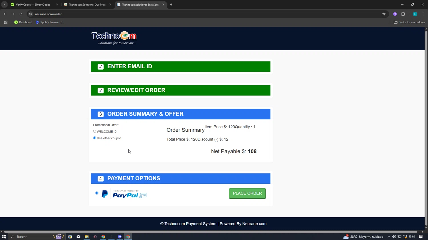 Technocom promo code screenshot showing code WELCOME10 applied at Technocom checkout page. Uploaded by SimplyCodes community member DealOwl9228 on Jun 14, 2025