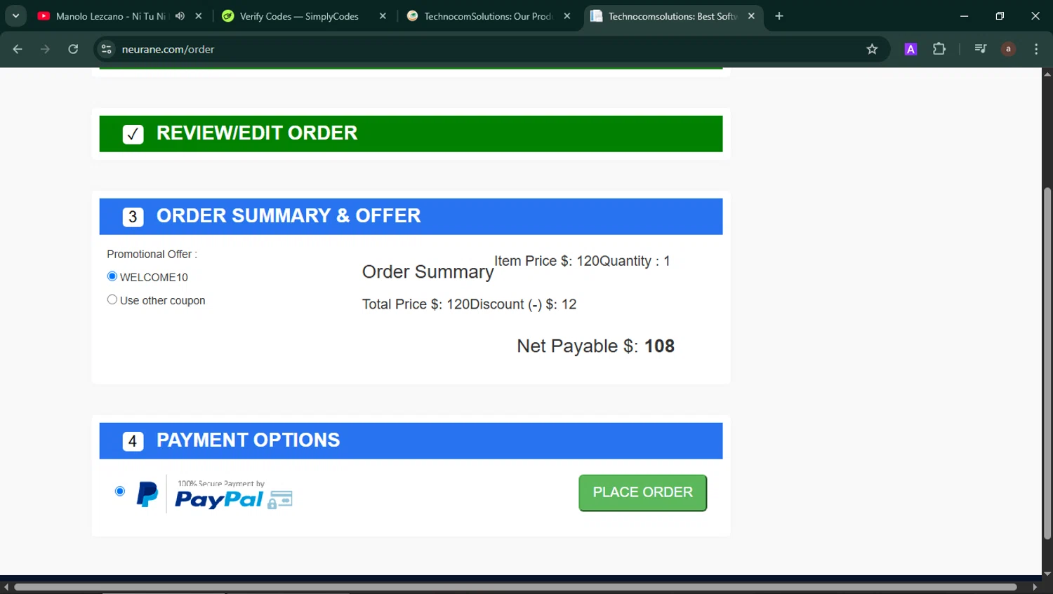 Technocom promo code screenshot showing code WELCOME10 applied at Technocom checkout page. Uploaded by SimplyCodes community member b3stia_1 on Jun 14, 2025