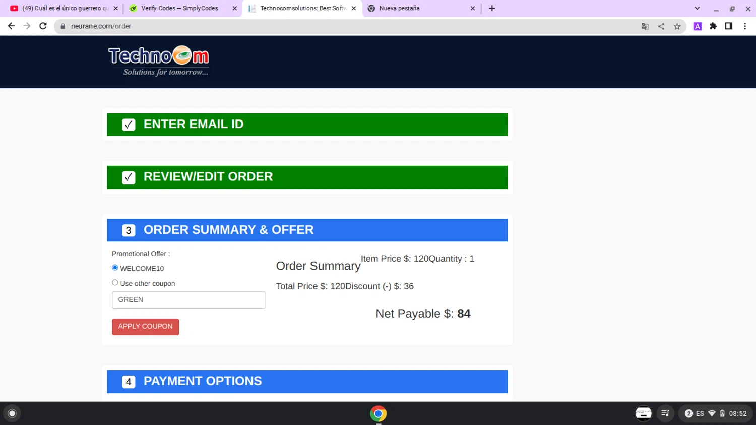 Technocom promo code screenshot showing code GREEN applied at Technocom checkout page. Uploaded by SimplyCodes community member lapampita on May 30, 2025