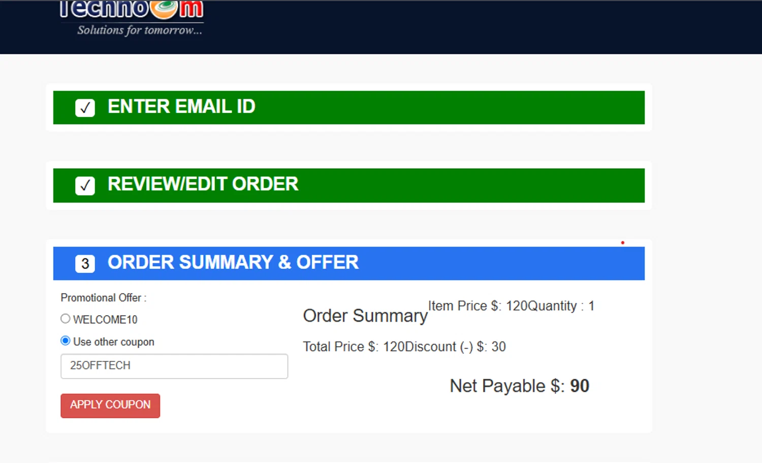 Technocom promo code screenshot showing code 25OFFTECH applied at Technocom checkout page. Uploaded by SimplyCodes community member CleverPhoenix2364 on Jun 7, 2025