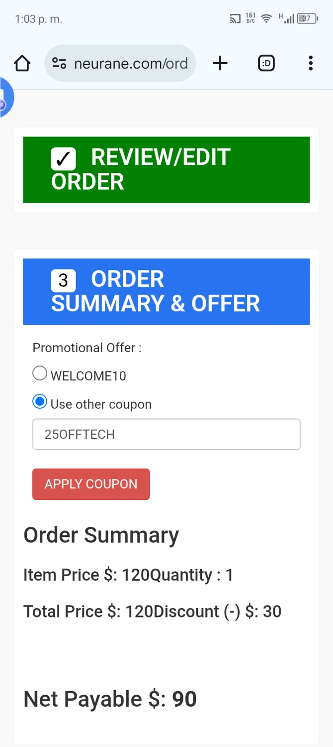 Technocom promo code screenshot showing code 25OFFTECH applied at Technocom checkout page. Uploaded by SimplyCodes community member Bernado on Jun 14, 2025
