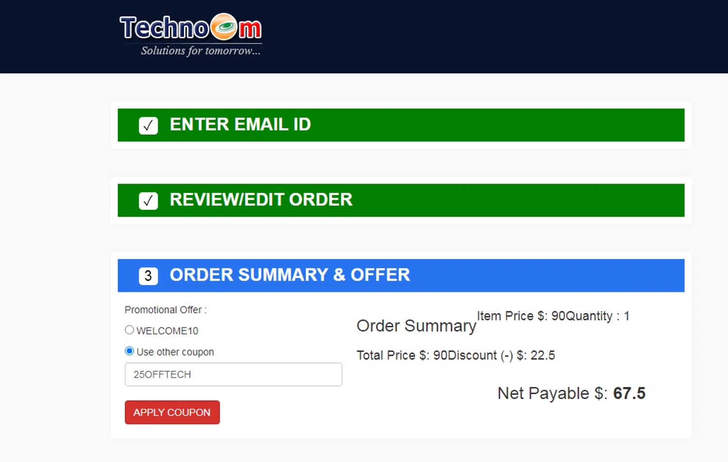 Technocom promo code screenshot showing code 25OFFTECH applied at Technocom checkout page. Uploaded by SimplyCodes community member yeresojperez on Jun 28, 2025