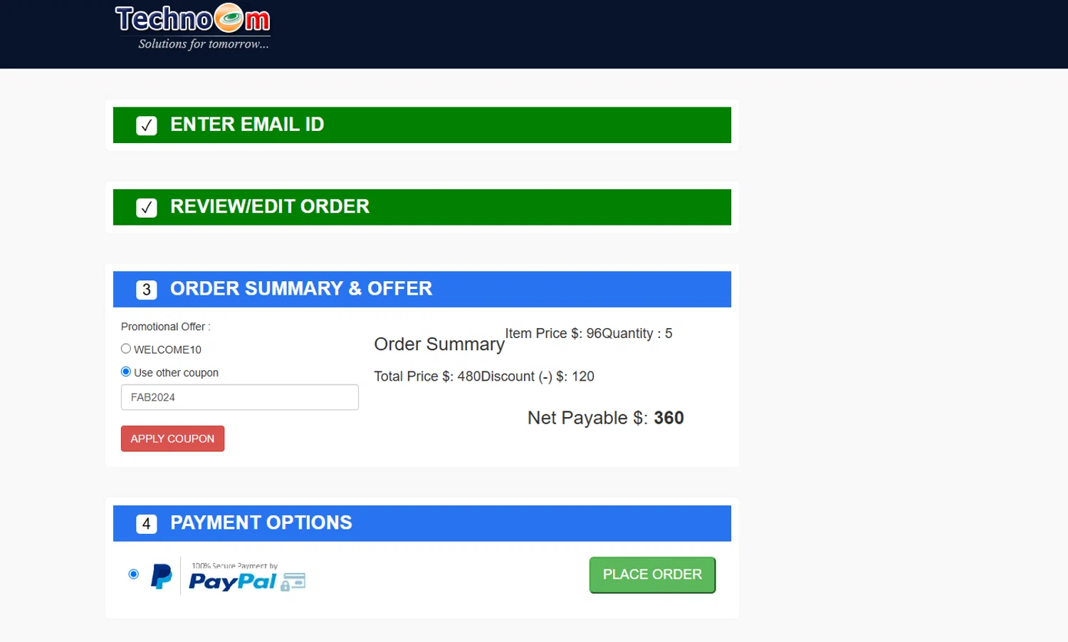 Technocom promo code screenshot showing code FAB2024 applied at Technocom checkout page. Uploaded by SimplyCodes community member D_9278 on Mar 3, 2025