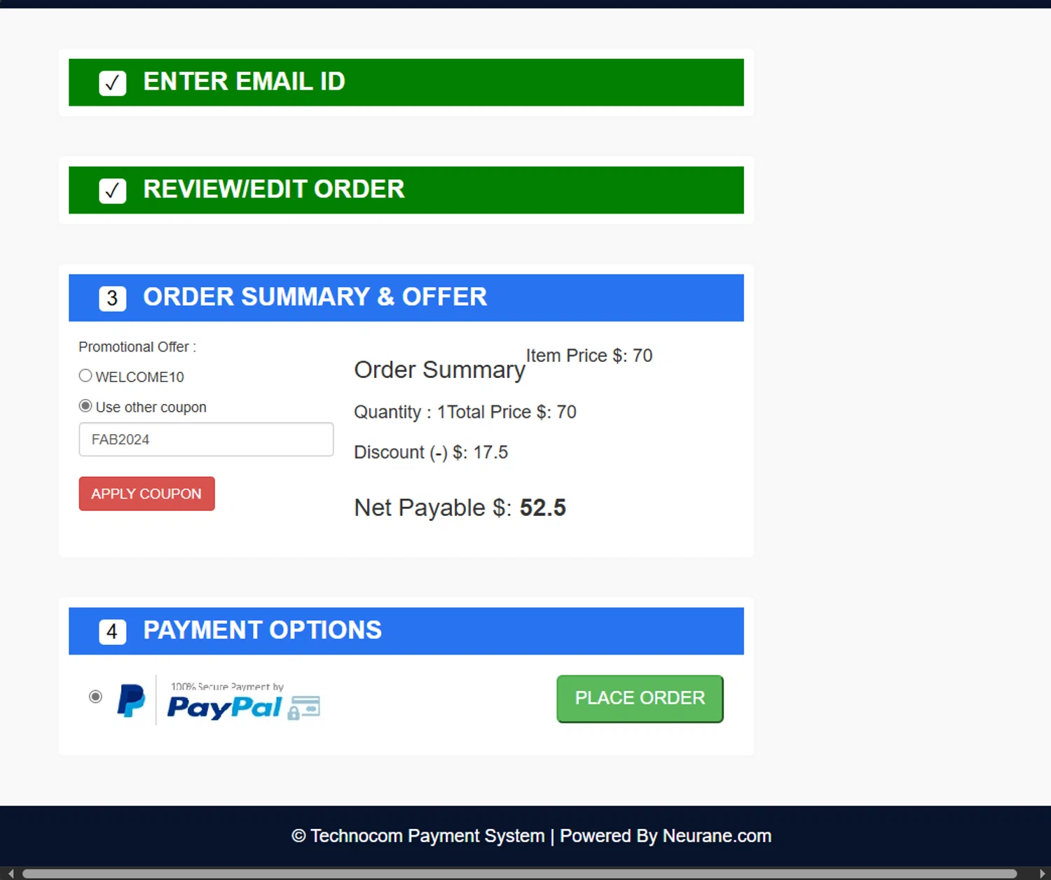 Technocom promo code screenshot showing code FAB2024 applied at Technocom checkout page. Uploaded by SimplyCodes community member PANDITA on Apr 1, 2025