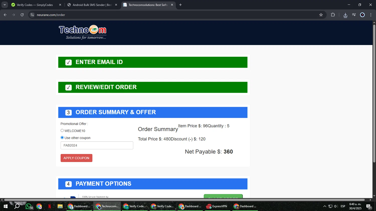 Technocom promo code screenshot showing code FAB2024 applied at Technocom checkout page. Uploaded by SimplyCodes community member RoyalBoss4384 on Apr 30, 2025