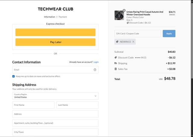Techwear Club checkout page showing Techwear Club coupon code box | Screenshot taken by SimplyCodes community member on Aug 22, 2025