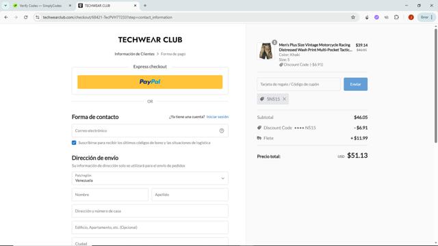 Techwear Club checkout page showing Techwear Club coupon code box | Screenshot taken by SimplyCodes community member on Aug 22, 2025