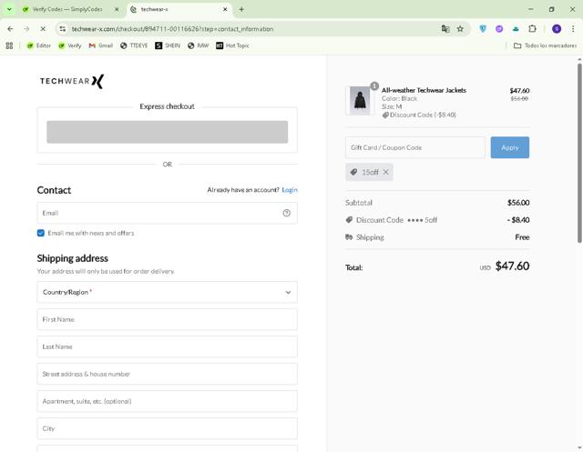 Techwear checkout page showing Techwear discount code box | Screenshot taken by SimplyCodes community member on Aug 18, 2025