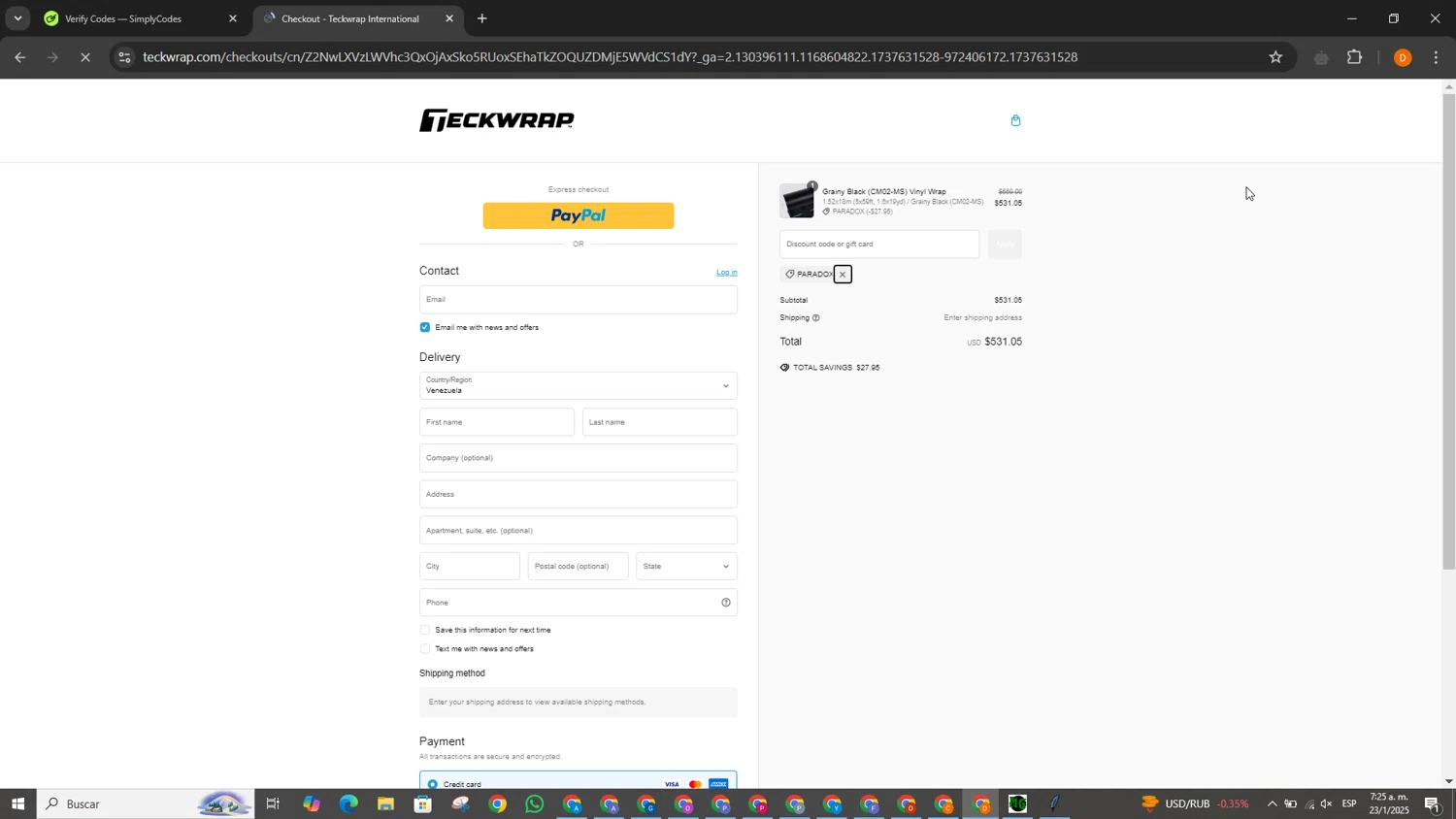 Teckwrap discount code screenshot showing code PARADOX applied at Teckwrap checkout page. Uploaded by SimplyCodes community member QuestMaven2378 on Jan 23, 2025