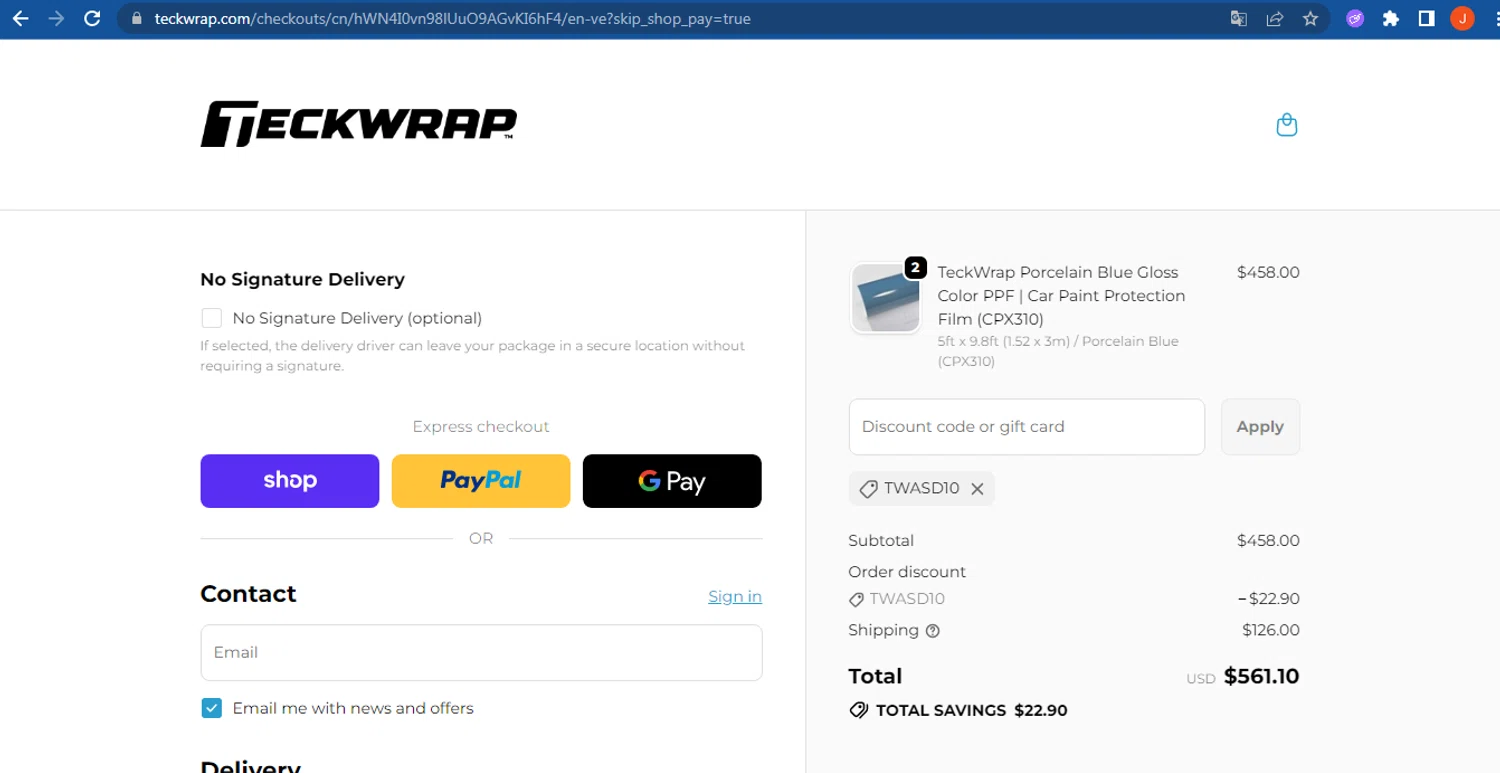 Teckwrap discount code screenshot showing code TWASD10 applied at Teckwrap checkout page. Uploaded by SimplyCodes community member FranquizJoel on Oct 19, 2025