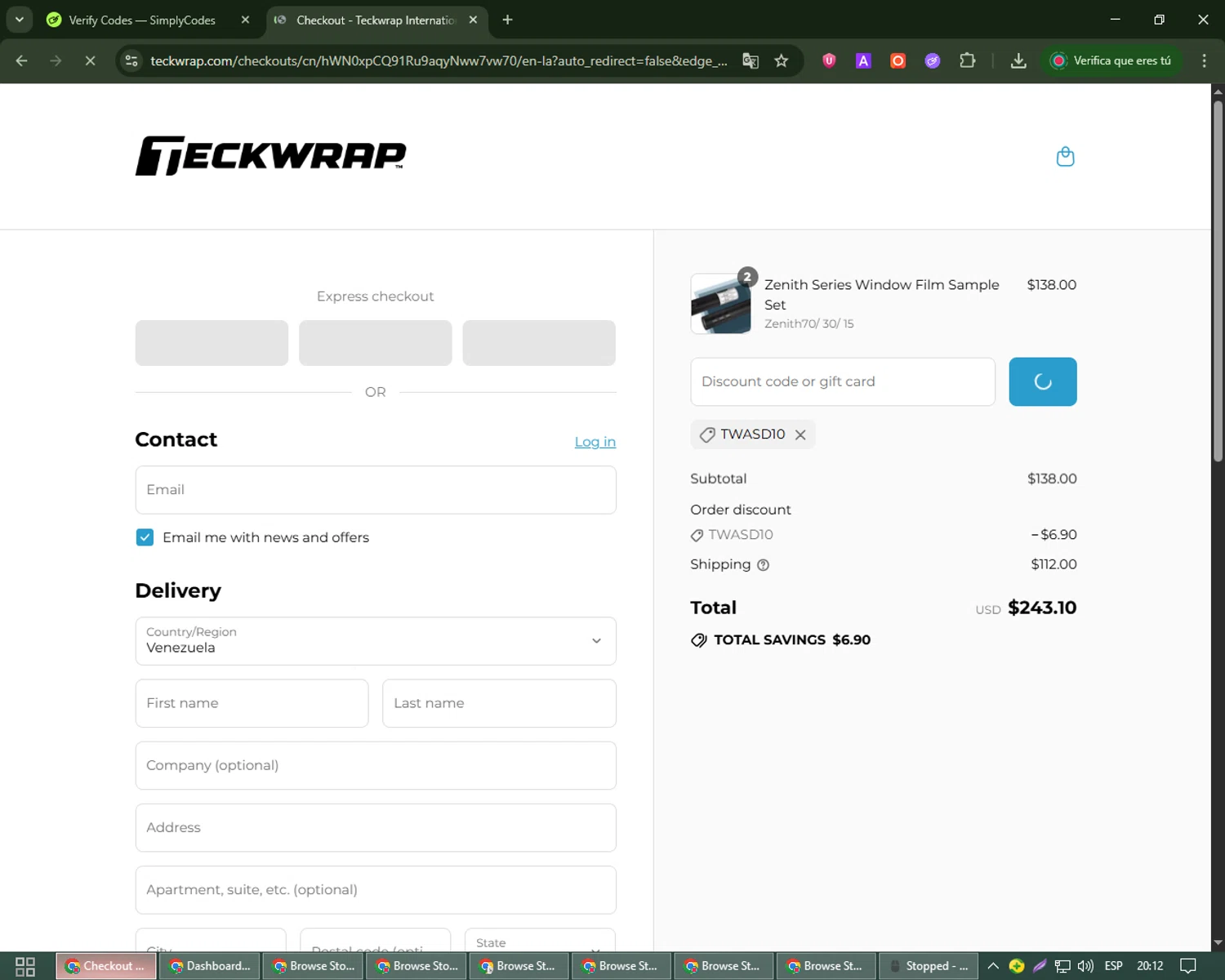 Teckwrap discount code screenshot showing code TWASD10 applied at Teckwrap checkout page. Uploaded by SimplyCodes community member james_smith on Jul 23, 2025