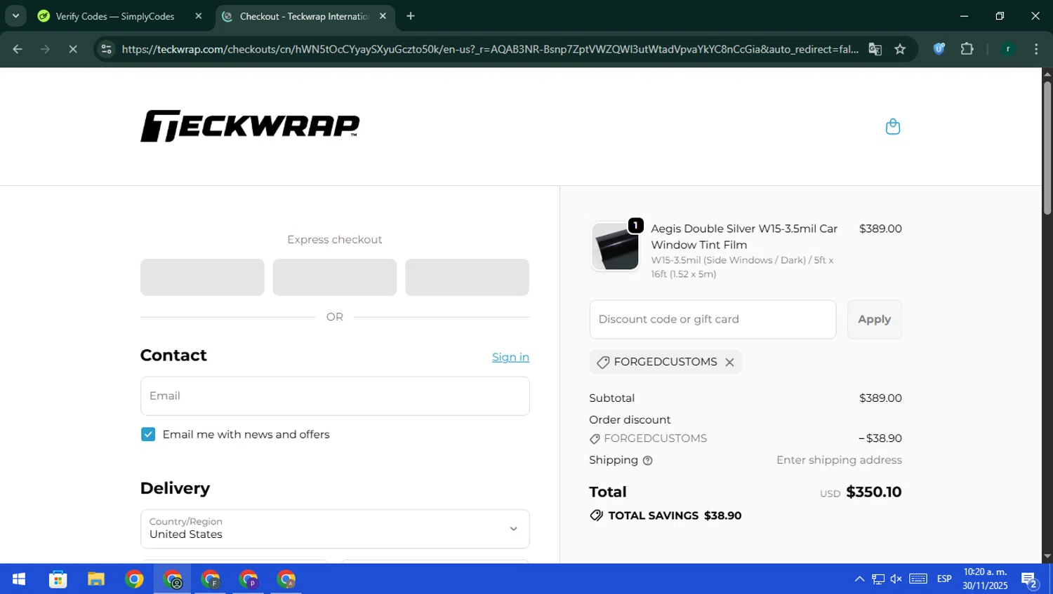 Teckwrap discount code screenshot showing code FORGEDCUSTOMS applied at Teckwrap checkout page. Uploaded by SimplyCodes community member rodri1 on Nov 30, 2025
