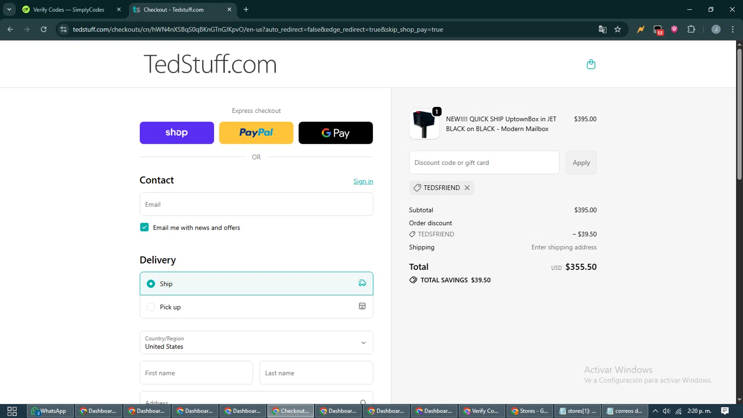 TedStuff discount code screenshot showing code TEDSFRIEND applied at TedStuff checkout page. Uploaded by SimplyCodes community member CashShopper1214 on Nov 1, 2025