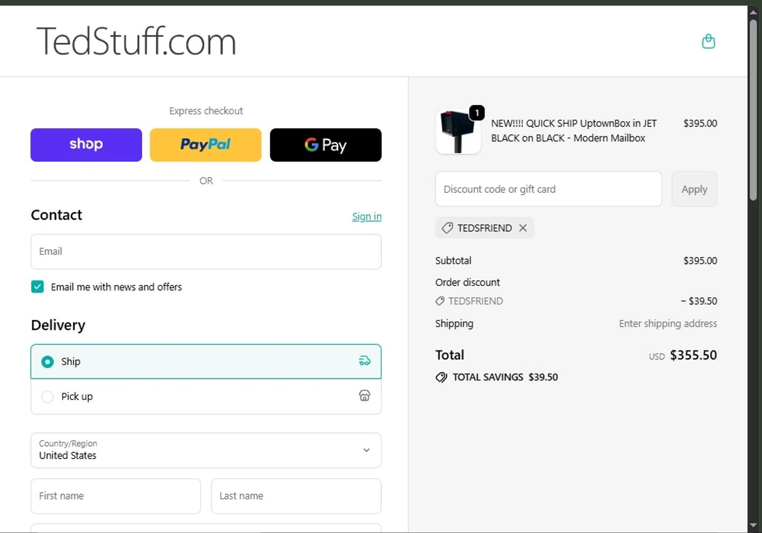 TedStuff discount code screenshot showing code TEDSFRIEND applied at TedStuff checkout page. Uploaded by SimplyCodes community member LegendaryFalcon5662 on Sep 20, 2025