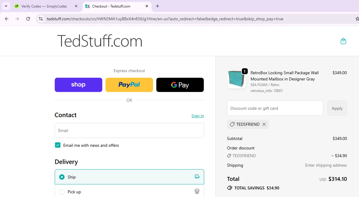 TedStuff discount code screenshot showing code TEDSFRIEND applied at TedStuff checkout page. Uploaded by SimplyCodes community member ManTheWeed on Sep 24, 2025