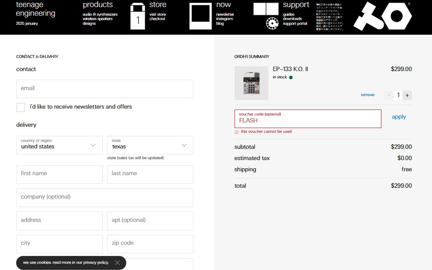 Teenage Engineering promo code screenshot showing code FLASH applied at Teenage Engineering checkout page. Uploaded by SimplyCodes community member BargainSaver8204 on Jan 24, 2025