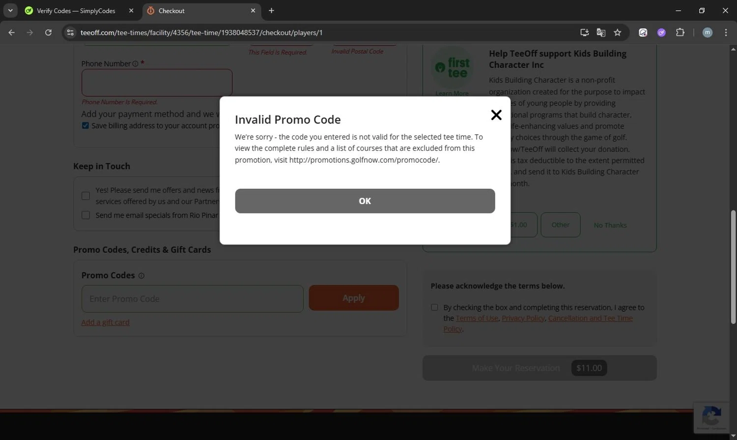Tee Off promo code screenshot showing code TEEOFF20 applied at Tee Off checkout page. Uploaded by SimplyCodes community member acostaacosta on Dec 15, 2025