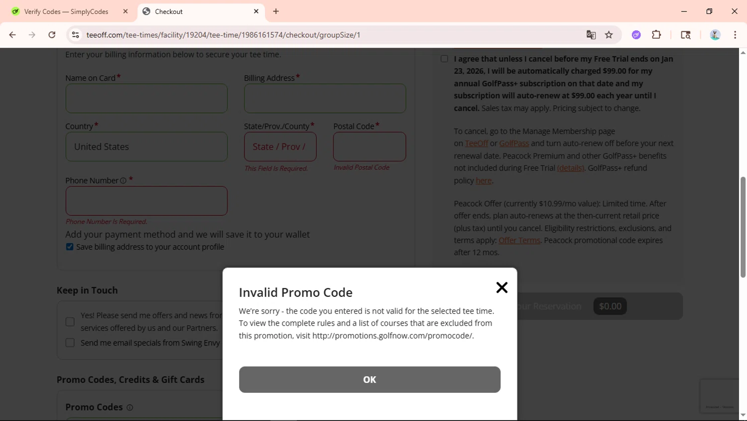 Tee Off checkout page showing Tee Off promo code box | Screenshot taken by SimplyCodes community member on Jan 15, 2026