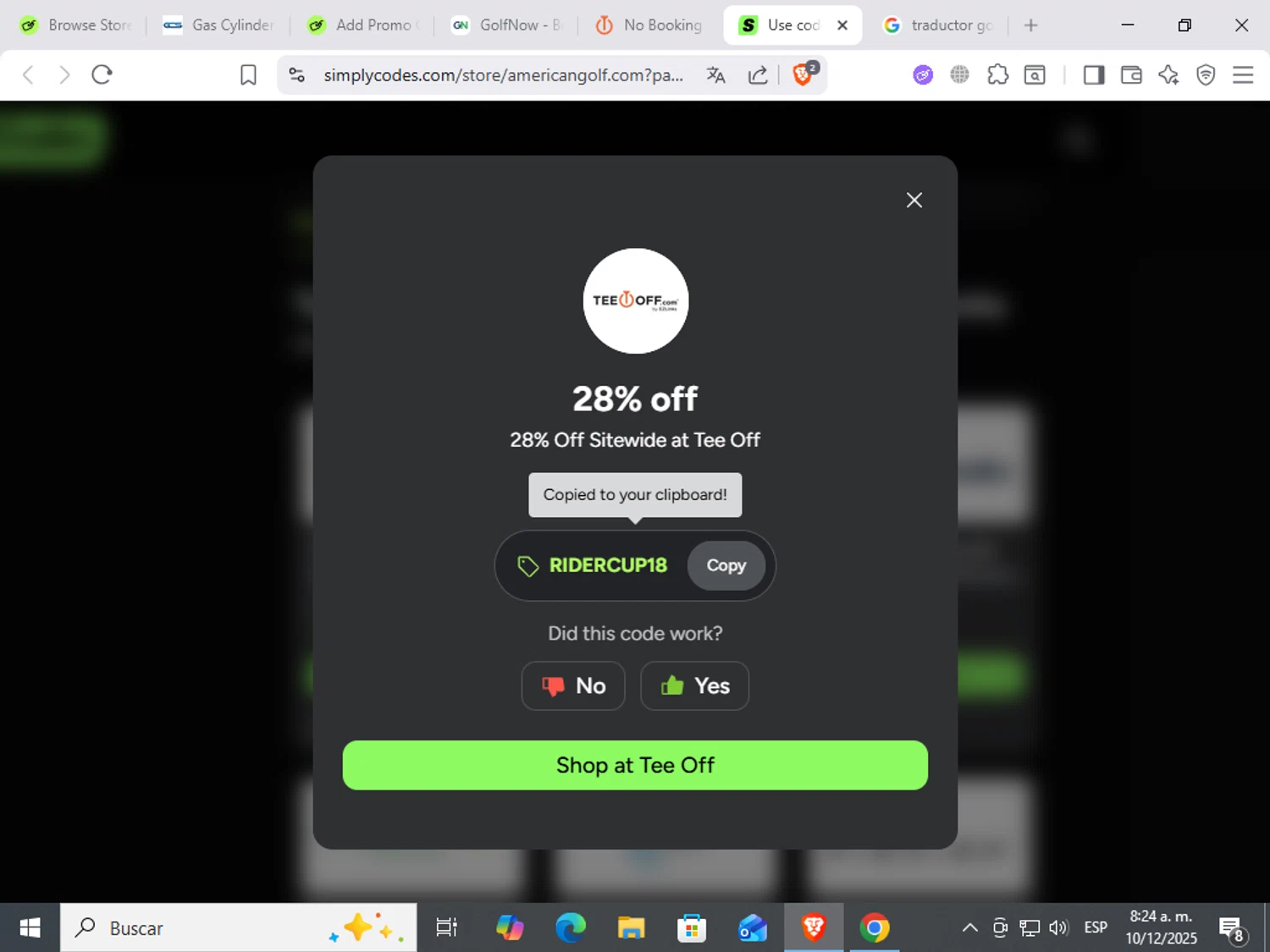 Tee Off promo code screenshot showing code RIDERCUP18 applied at Tee Off checkout page. Uploaded by SimplyCodes community member ScanWarden9985 on Dec 10, 2025