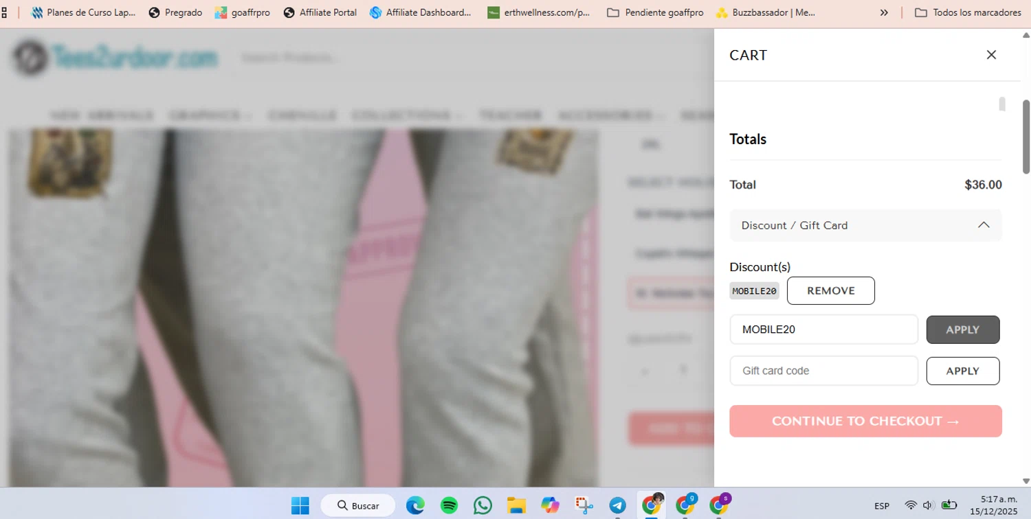 Tees2urdoor coupon code screenshot showing code MOBILE20 applied at Tees2urdoor checkout page. Uploaded by SimplyCodes community member luisaballera on Dec 15, 2025