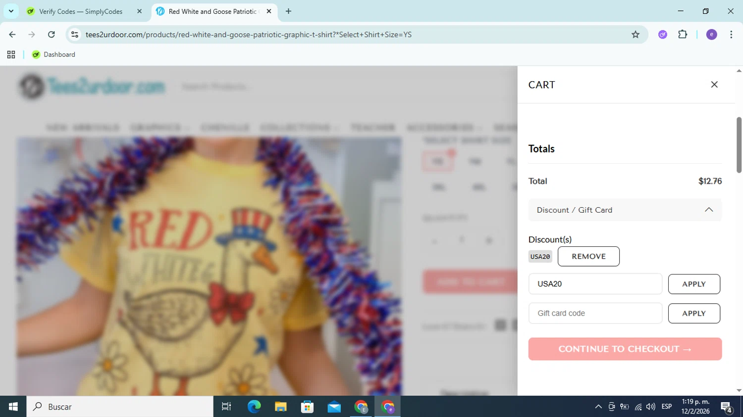 Tees2urdoor checkout page showing Tees2urdoor coupon code box | Screenshot taken by SimplyCodes community member on Feb 12, 2026