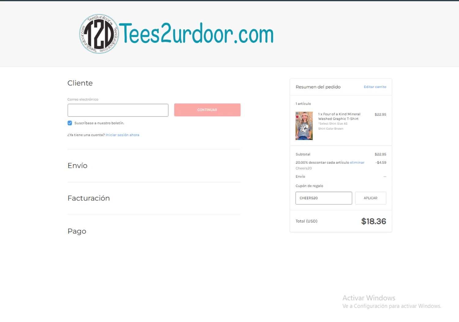 Tees2urdoor coupon code screenshot showing code CHEERS20 applied at Tees2urdoor checkout page. Uploaded by SimplyCodes community member Carlosramirez09 on Jan 24, 2025