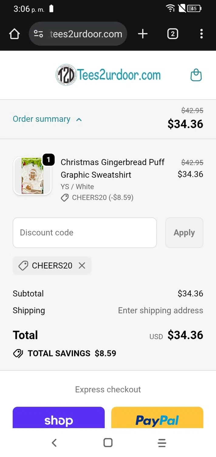 Tees2urdoor coupon code screenshot showing code CHEERS20 applied at Tees2urdoor checkout page. Uploaded by SimplyCodes community member RoyalSpotter5217 on Nov 23, 2025