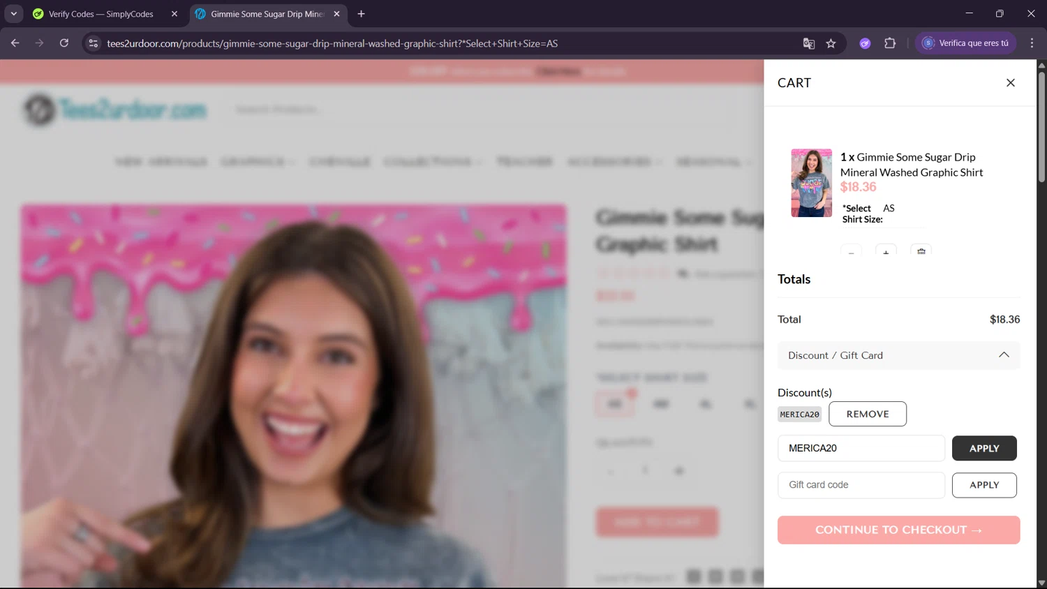 Tees2urdoor coupon code screenshot showing code MERICA20 applied at Tees2urdoor checkout page. Uploaded by SimplyCodes community member ExtraordinaryWhiz4519 on Jun 15, 2025