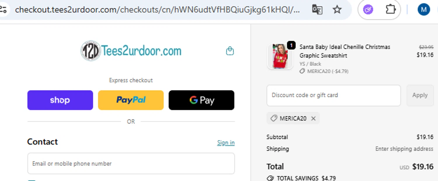 Tees2urdoor coupon code screenshot showing code MERICA20 applied at Tees2urdoor checkout page. Uploaded by SimplyCodes community member PennyOwl2559 on Dec 27, 2025