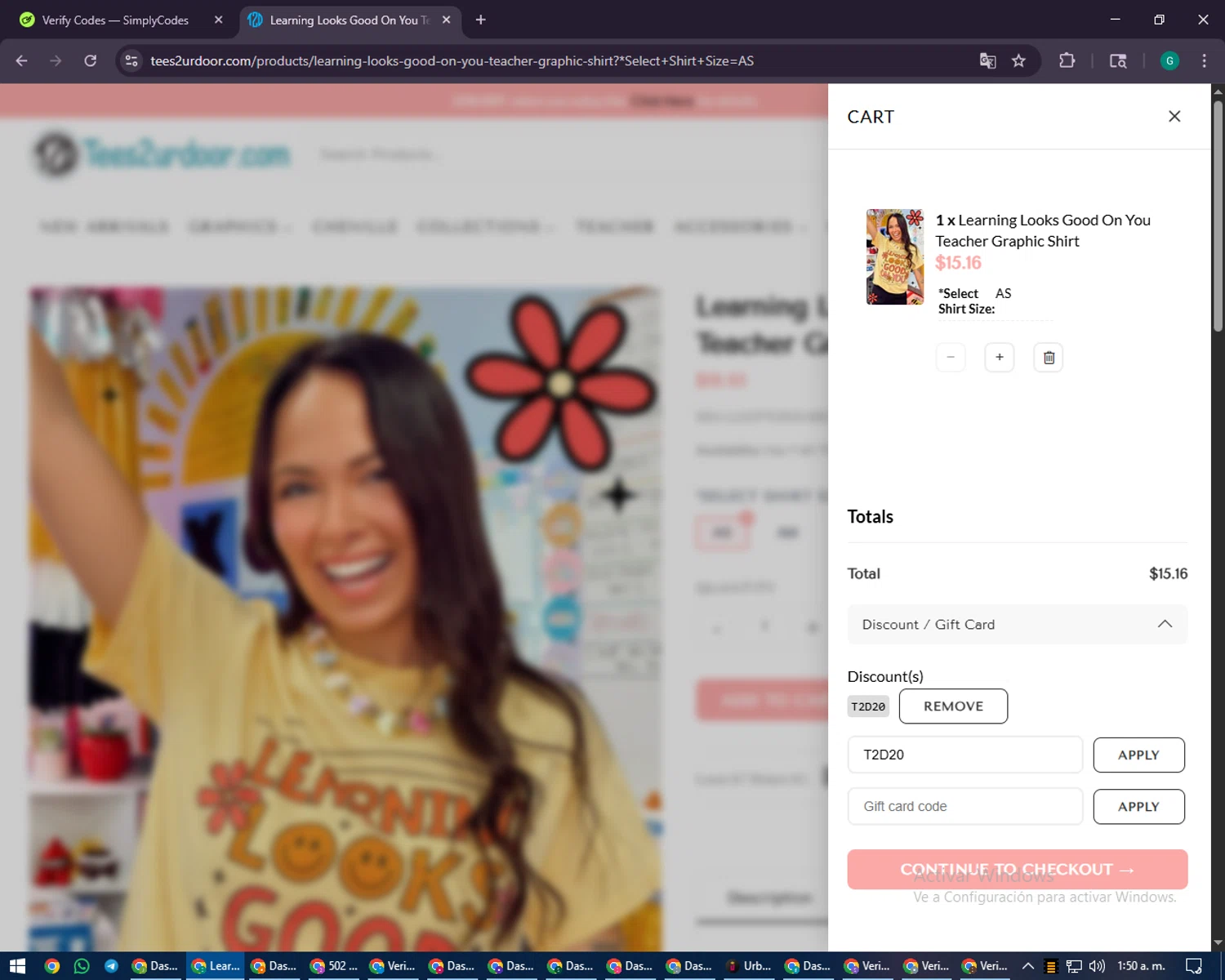Tees2urdoor coupon code screenshot showing code T2D20 applied at Tees2urdoor checkout page. Uploaded by SimplyCodes community member PennyFinder5759 on Sep 3, 2025