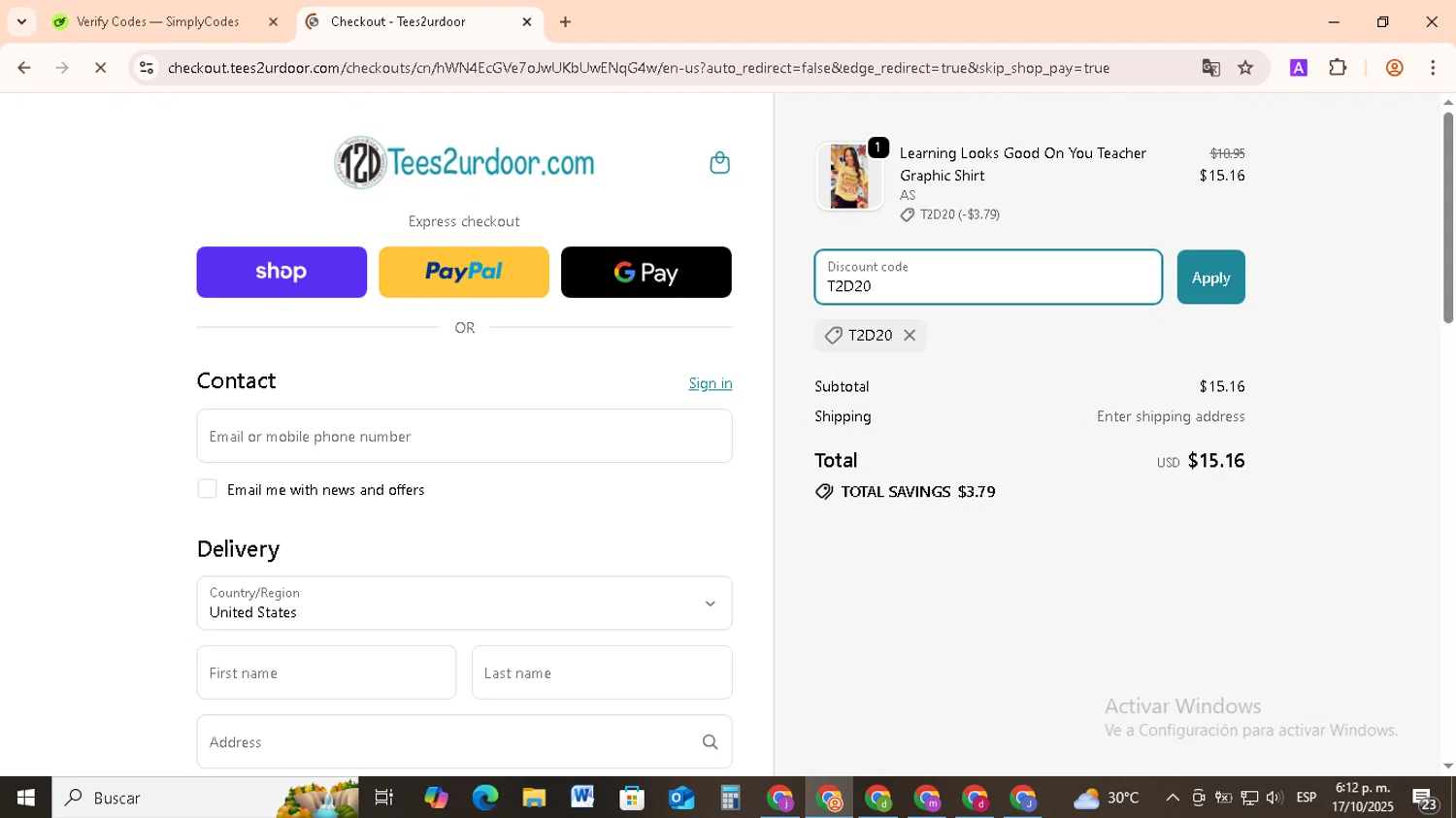 Tees2urdoor coupon code screenshot showing code T2D20 applied at Tees2urdoor checkout page. Uploaded by SimplyCodes community member RebateCollector5909 on Oct 17, 2025