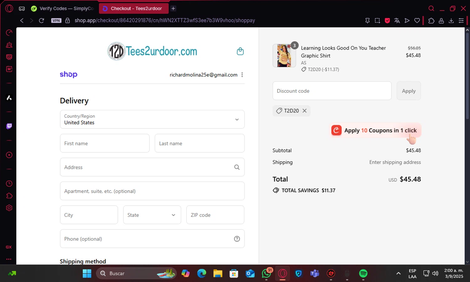 Tees2urdoor coupon code screenshot showing code T2D20 applied at Tees2urdoor checkout page. Uploaded by SimplyCodes community member tralalero777 on Sep 3, 2025