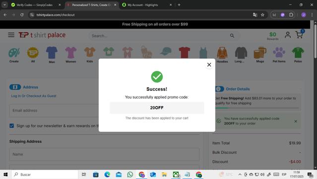 TeeShirtPalace checkout page showing TeeShirtPalace discount code box | Screenshot taken by SimplyCodes community member on Jul 17, 2025